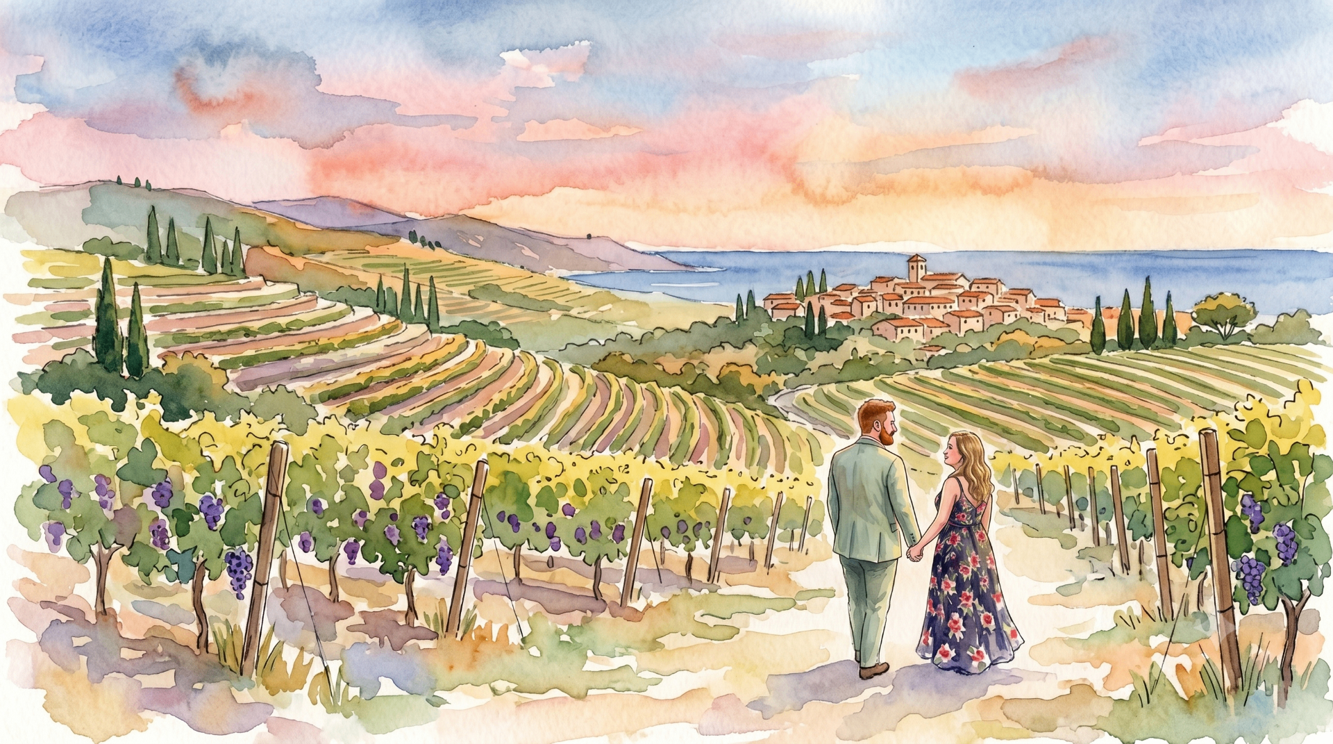 Watercolour illustration of a couple walking through Cretan vineyards above the sea