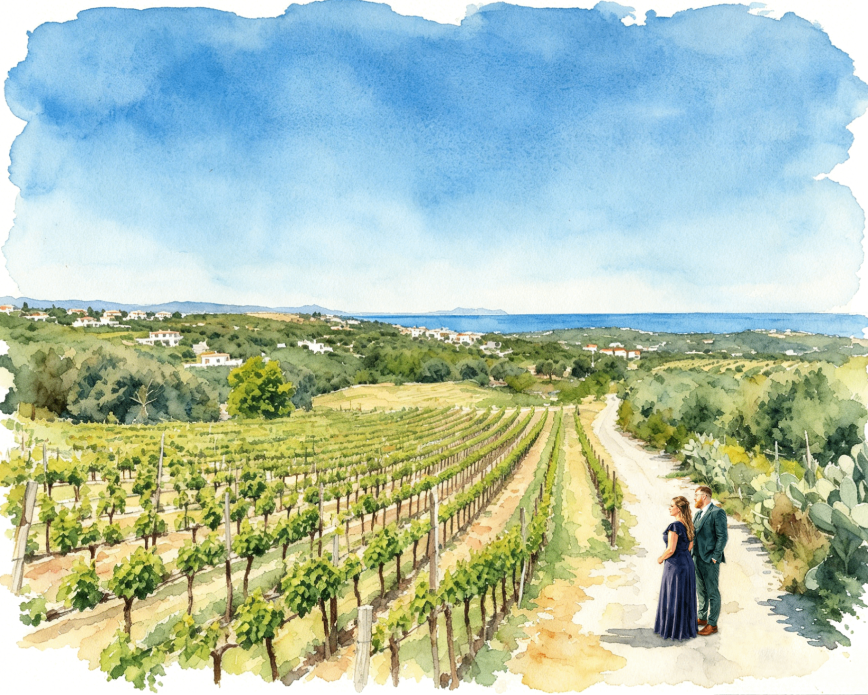 Watercolour illustration of a couple walking through Cretan vineyards above the sea